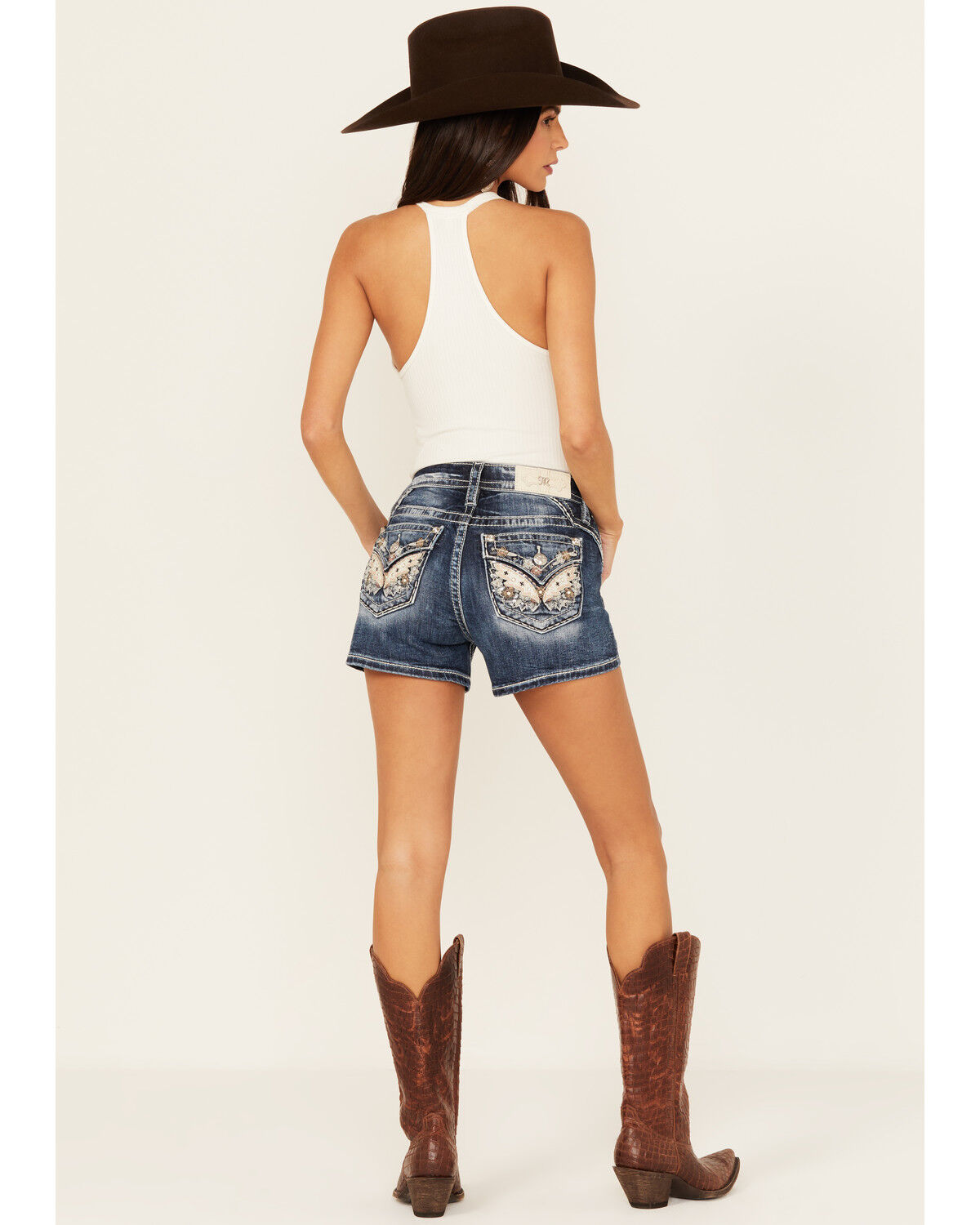 Image #1 - Miss Me Women's Dark Wash Mid Rise Floral Wing Stretch Denim Shorts, , hi-res