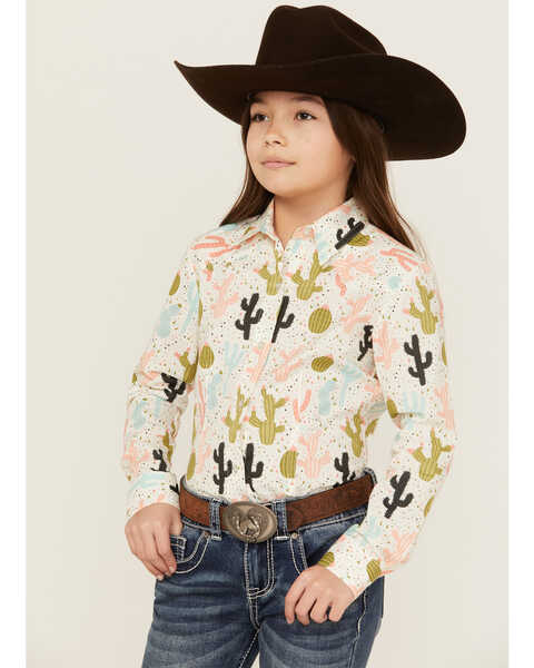 Image #1 - Cruel Girl Girls' Western Cactus Print Long Sleeve Button Down Western Shirt, White, hi-res