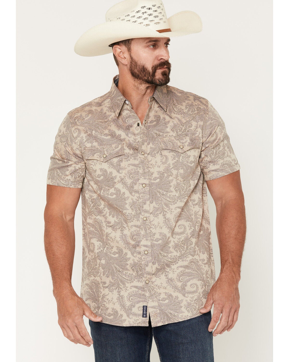 Moonshine Spirit Men's Regal Rebellion Paisley Print Short Sleeve Snap Western Shirt, Purple, hi-res