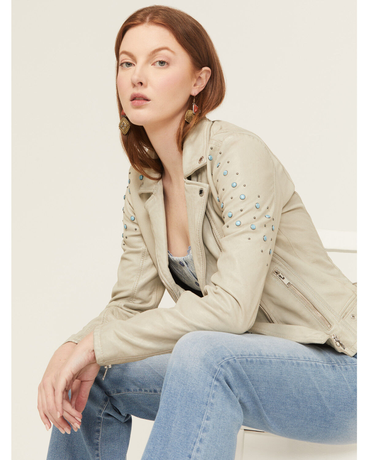 Image #1 - Mauritius Leather X Boot Barn Women's Cassidy Studded Leather Jacket, Cream, hi-res