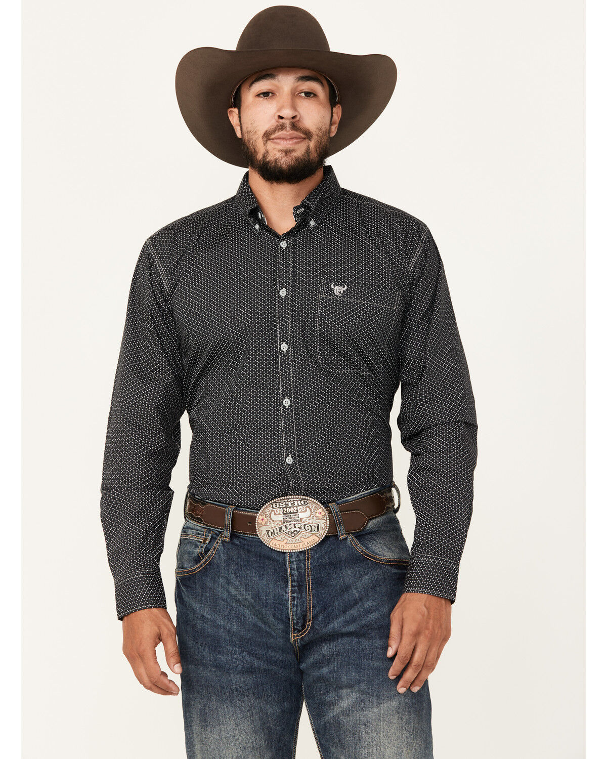 Image #1 - Cowboy Hardware Men's Geo Print Long Sleeve Button-Down Western Shirt, Black, hi-res