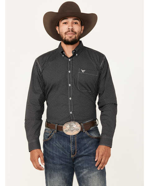 Cowboy Hardware Men's Geo Print Long Sleeve Button-Down Western Shirt, Black, hi-res