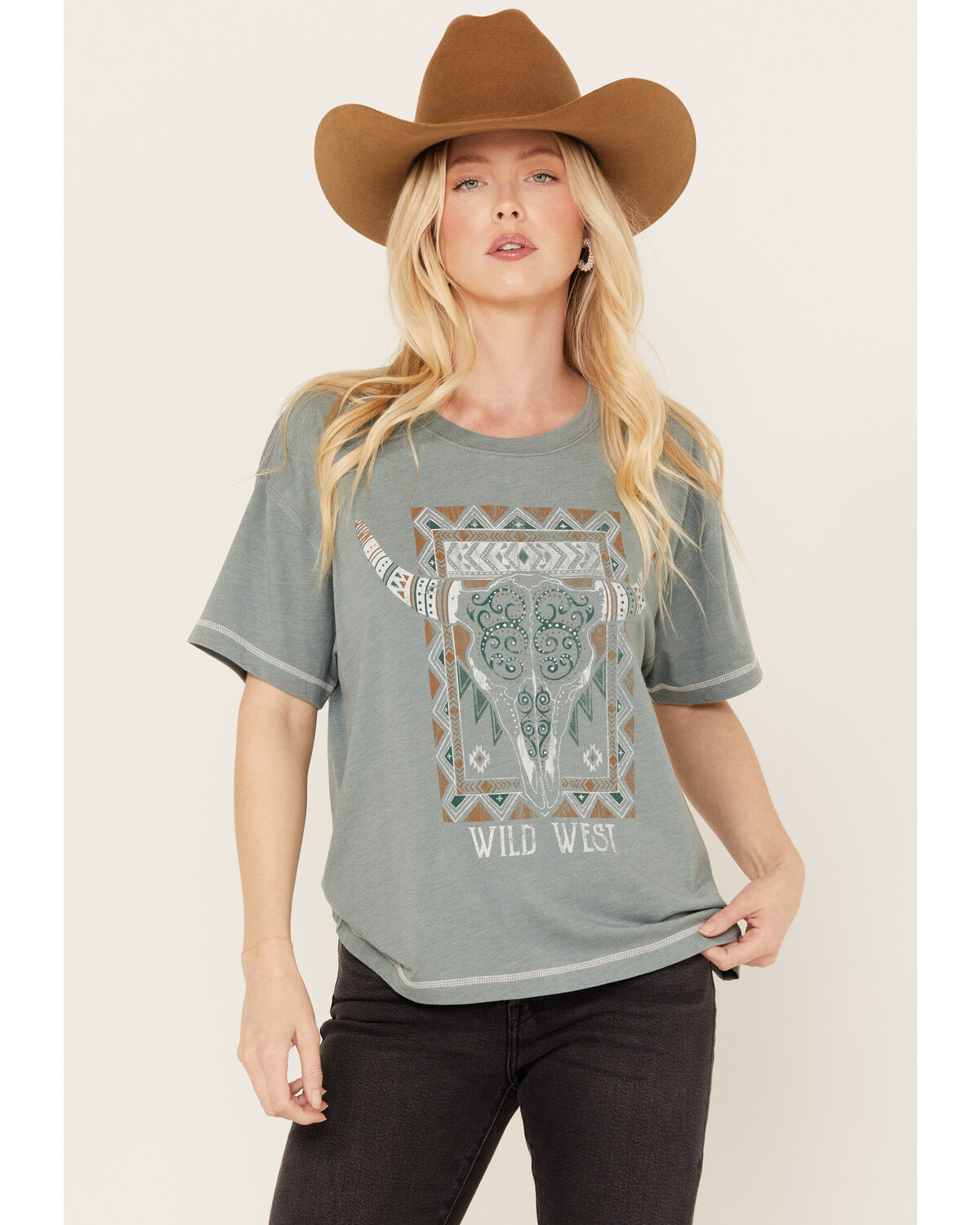 Image #1 - White Crow Women's Wild West Steer Head Skull Short Sleeve Graphic Tee, Teal, hi-res