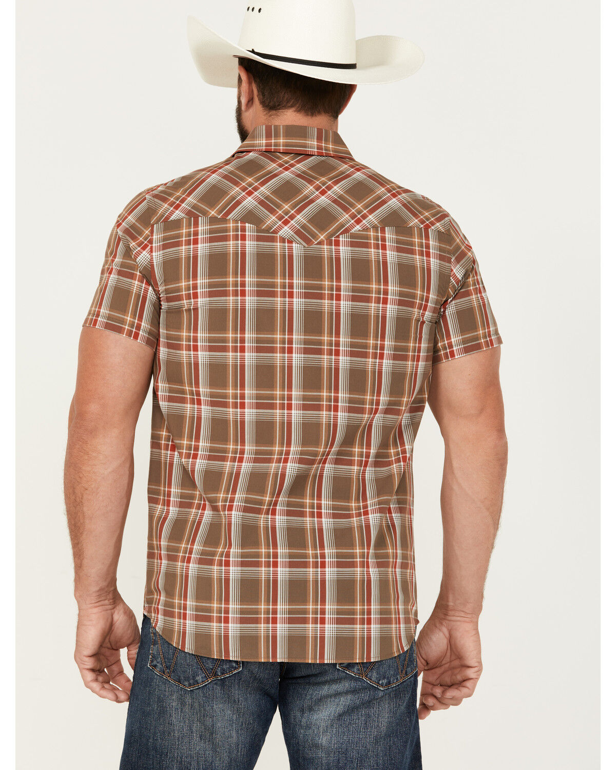 Image #4 - Pendleton Men's Frontier Plaid Print Short Sleeve Pearl Snap Western Shirt, Brown, hi-res