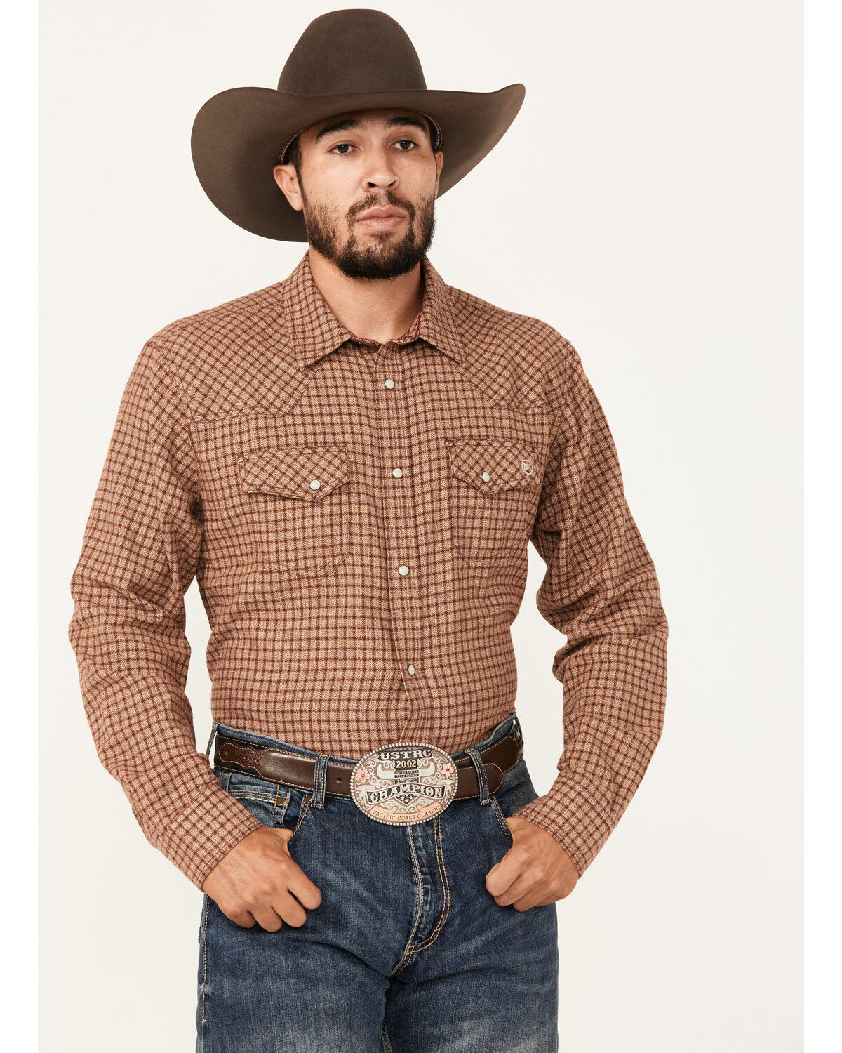 Image #1 - Blue Ranchwear Men's Decatur Checkered Print Long Sleeve Snap Work Shirt, Russett, hi-res
