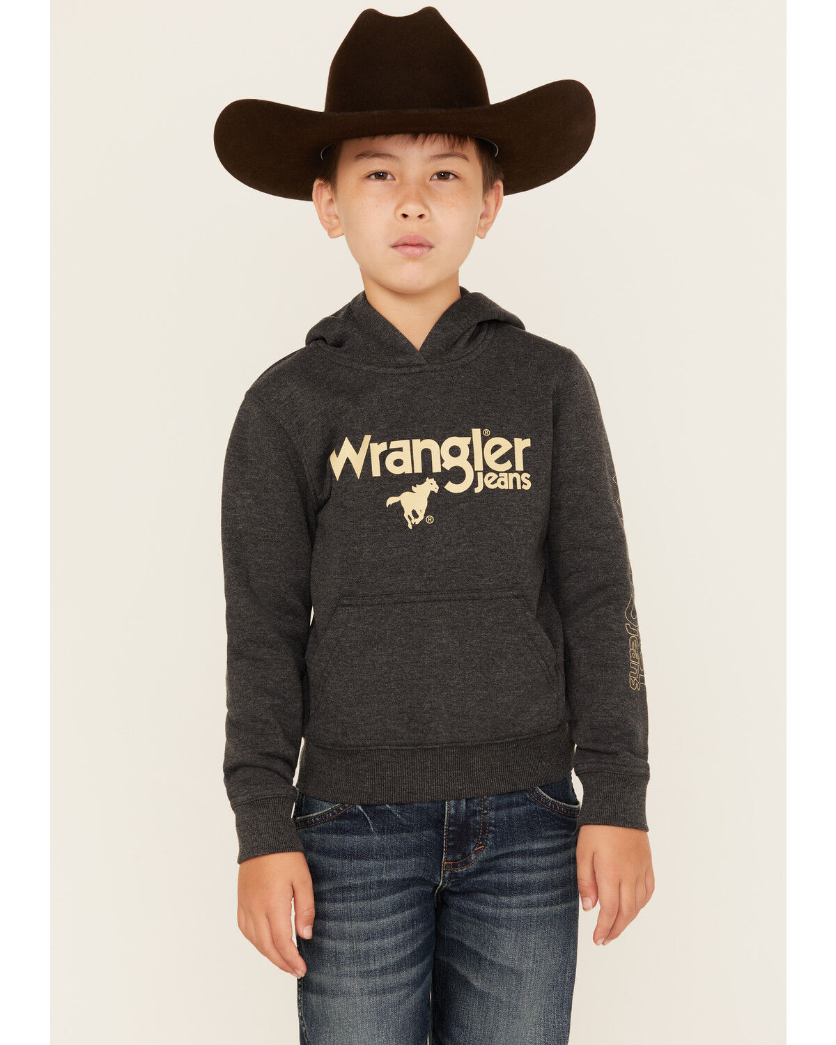 Image #1 - Wrangler Boys' Logo Hooded Sweatshirt, Black, hi-res