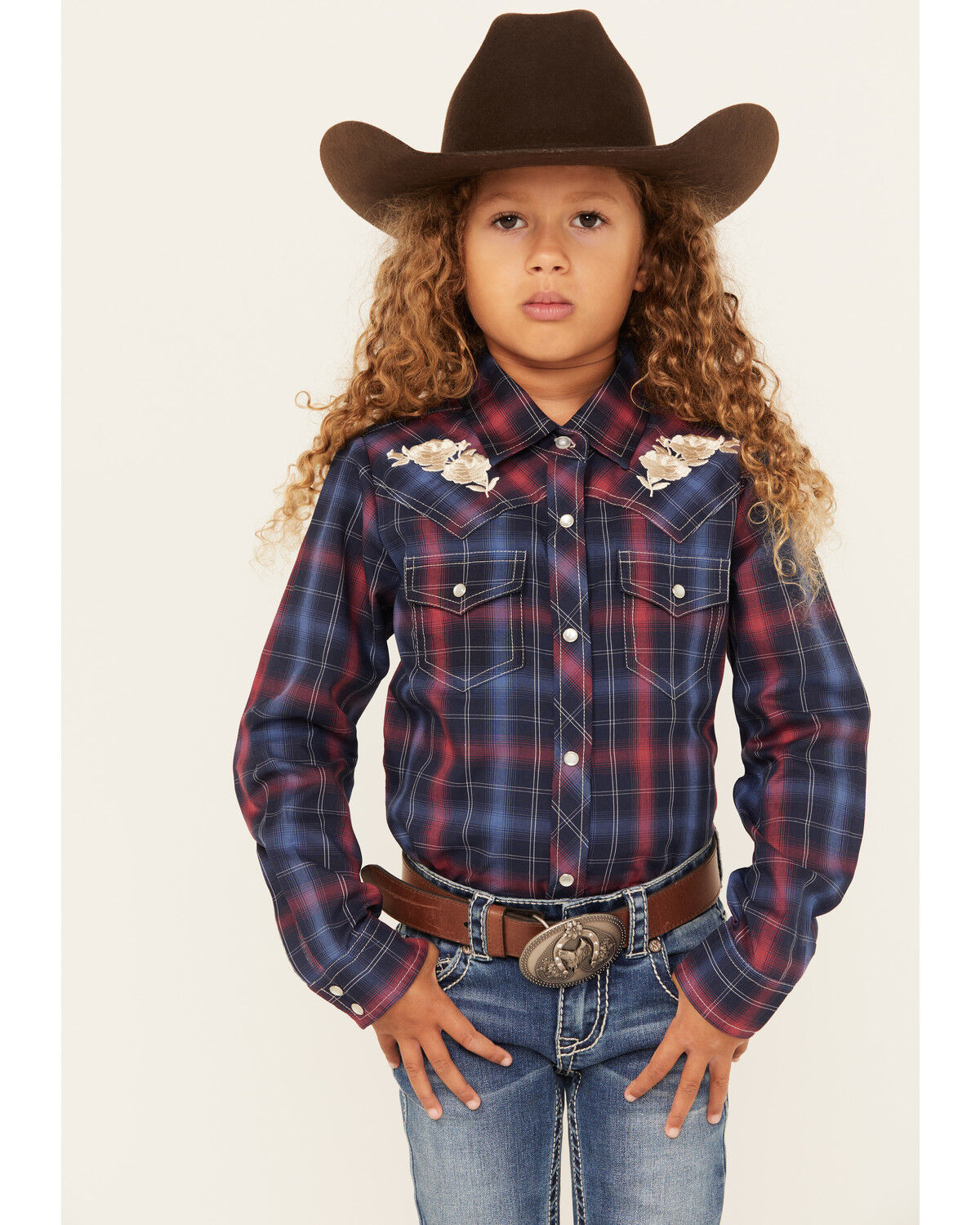 Image #1 - Ely Walker Girls' Plaid Print Rose Embroidered Long Sleeve Pearl Snap Western Shirt, Navy, hi-res