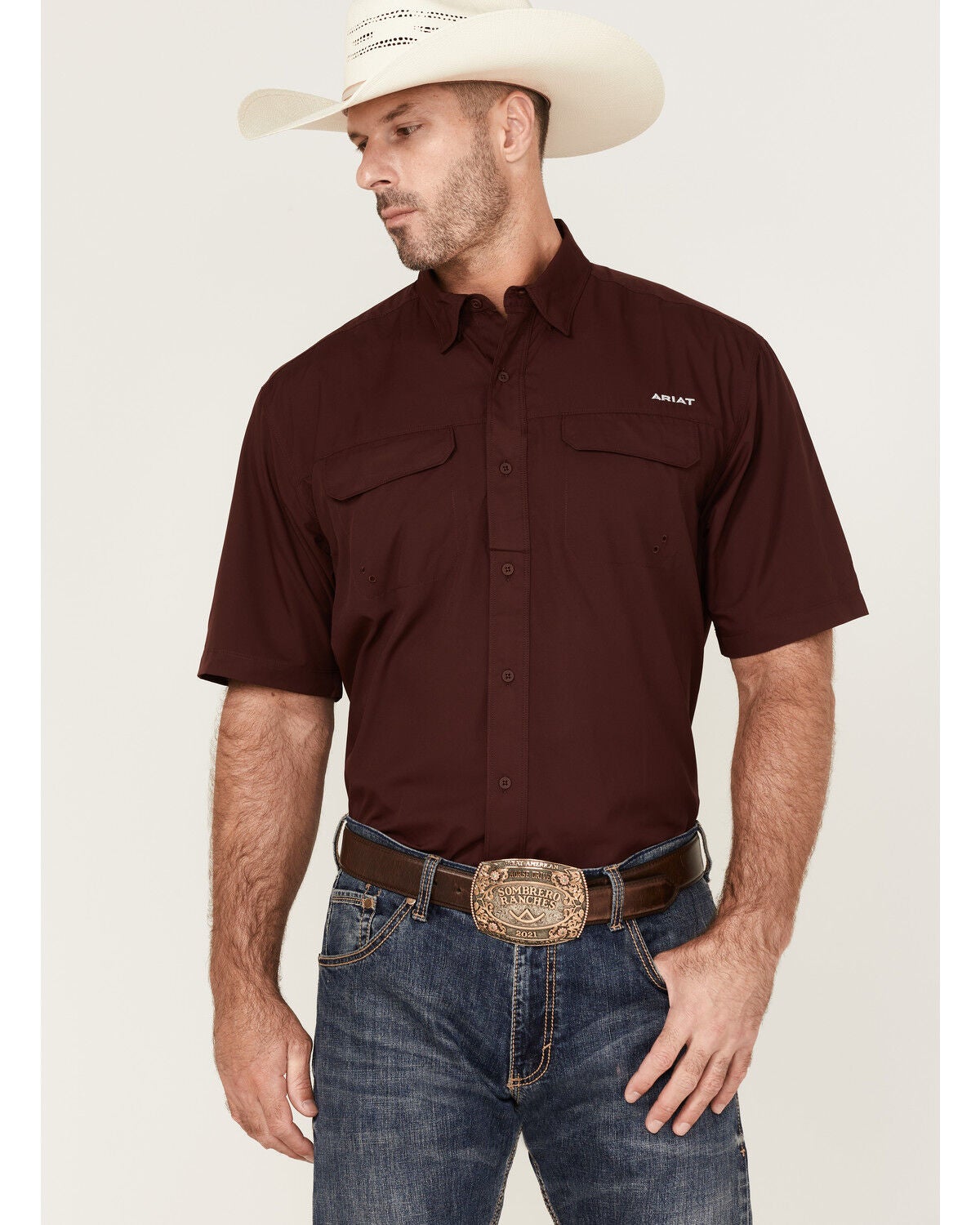 Ariat Men's VentTEK Outbound Short Sleeve Button-Down Shirt - Big, Burgundy, hi-res