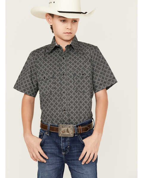 Image #1 - Panhandle Boys' Geo Print Short Sleeve Western Snap Shirt, Silver, hi-res