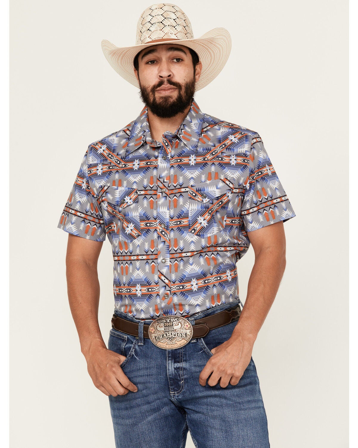 Rock & Roll Demin Men's Southwestern Print Short Sleeve Pearl Snap Stretch Western Shirt, Grey, hi-res