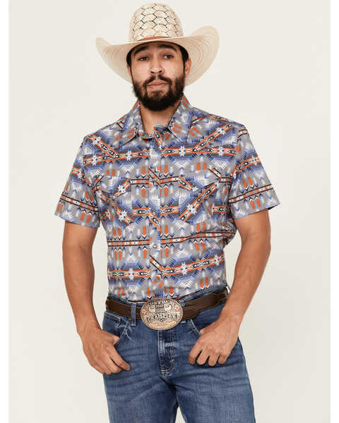Image #1 - Rock & Roll Demin Men's Southwestern Print Short Sleeve Pearl Snap Stretch Western Shirt , Grey, hi-res