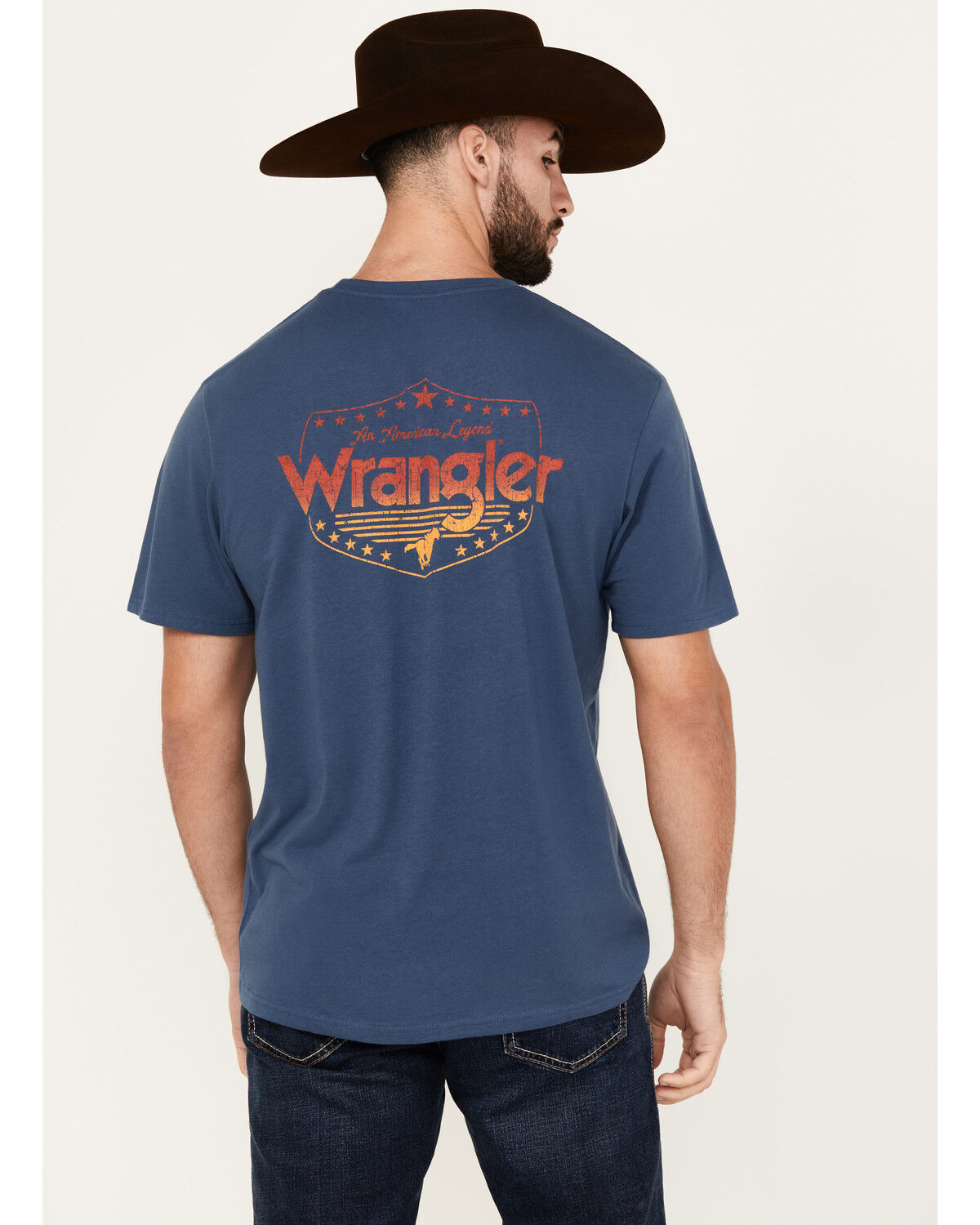 Image #4 - Wrangler Men's Boot Barn Exclusive Ombre Logo Short Sleeve Graphic T-Shirt, Indigo, hi-res