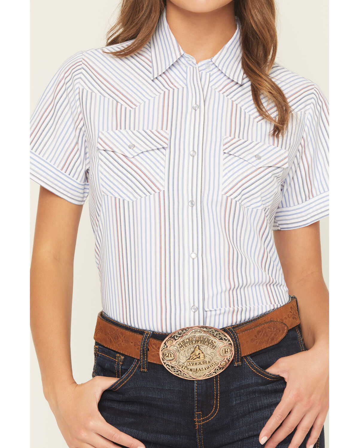 Image #3 - Ely Walker Women's Striped Short Sleeve Pearl Snap Western Shirt, Multi, hi-res