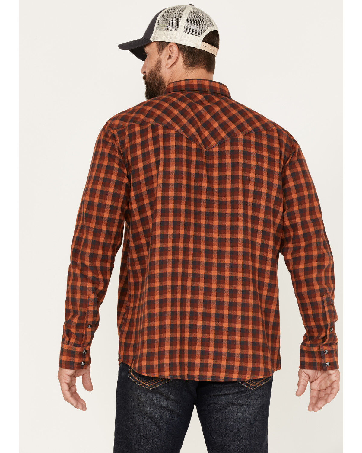 Image #4 - Moonshine Spirit Men's Burning Flame Plaid Print Long Sleeve Snap Western Flannel Shirt, Rust Copper, hi-res