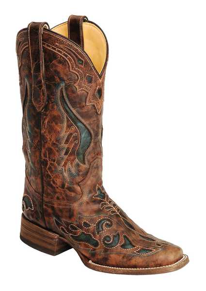 Corral Women's Cognac & Olive Inlay Cowgirl Boots - Square Toe, Cognac, hi-res