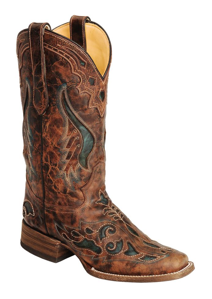 Corral Cognac & Olive Inlay Cowgirl Boots - Square Toe, Cognac, hi-res