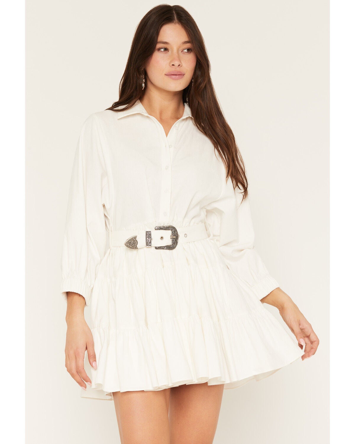 Rock & Roll Denim Women's Long Sleeve Belted Mini Dress, White, hi-res