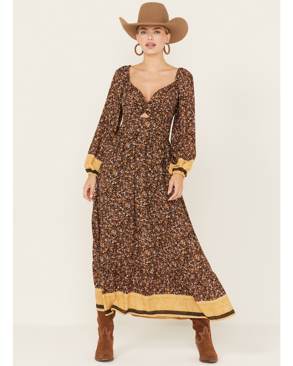 Wild Moss Women's Floral Border Print Long Sleeve Maxi Dress, Black, hi-res