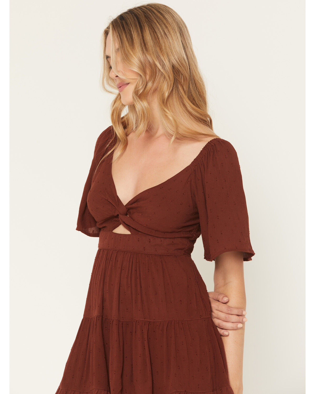 Image #2 - Angie Women's Swiss Dot Short Sleeve Mini Dress, Brown, hi-res