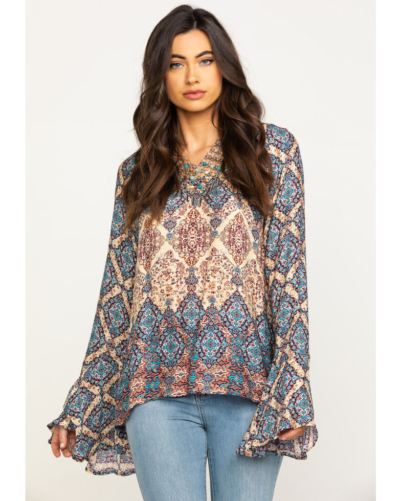 Stetson Women's Brown Herringbone Twill Border Print Blouse, Brown, hi-res