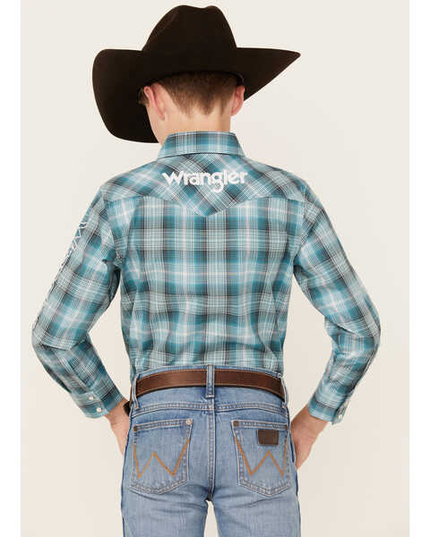 Image #4 - Wrangler Boys' Plaid Print Logo Long Sleeve Snap Western Shirt, Blue, hi-res