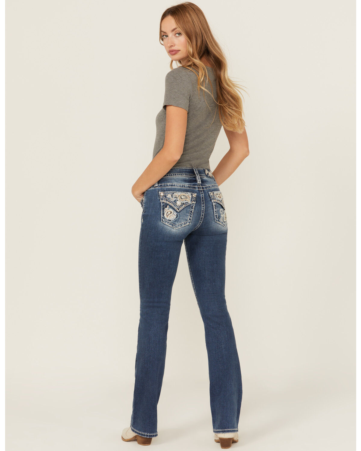 Image #1 - Miss Me Women's Dark Wash Mid Rise Paisley Pocket 34" Bootcut Stretch Denim Jeans, Dark Wash, hi-res