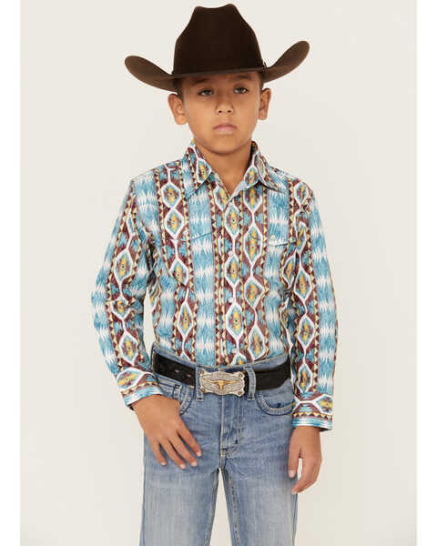 Image #1 - Wrangler Boys' Checotah Southwestern Striped Long Sleeve Pearl Snap Western Shirt, Blue, hi-res