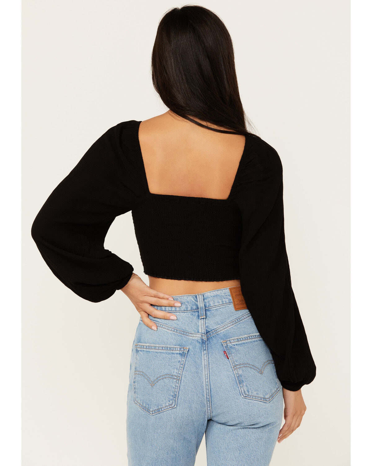 Image #4 - Shyanne Women's Embroidered Mesh Dot Poet Sleeve Crop Top, Black, hi-res