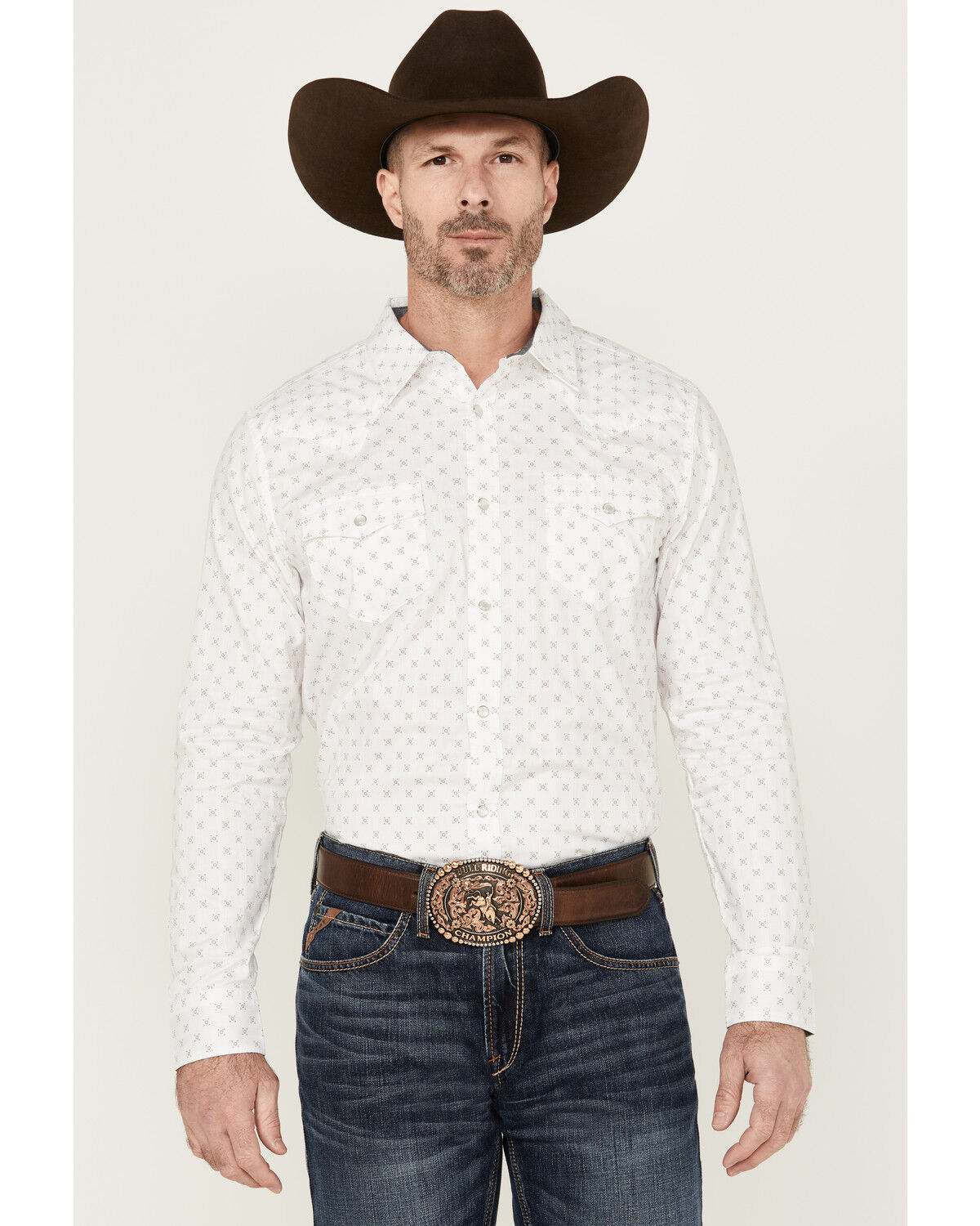 Image #1 - Cody James Men's North Star Jacquard Geo Print Long Sleeve Pearl Snap Western Shirt, Ivory, hi-res