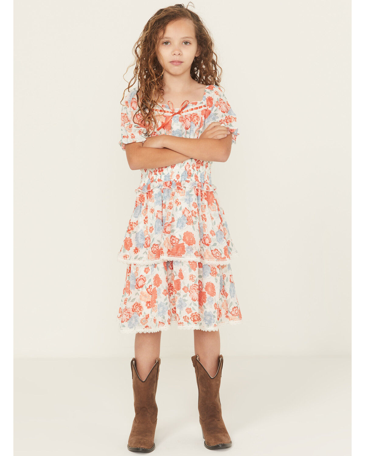 Image #1 - Ash & Violet Girls' Floral Chiffon Dot Short Sleeve Mini Dress, Multi, hi-res