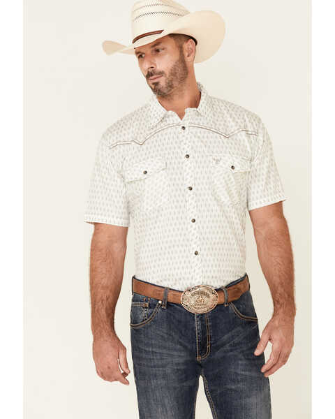 Cowboy Hardware Men's Dash Diamond Geo Print Short Sleeve Snap Western Shirt , White, hi-res