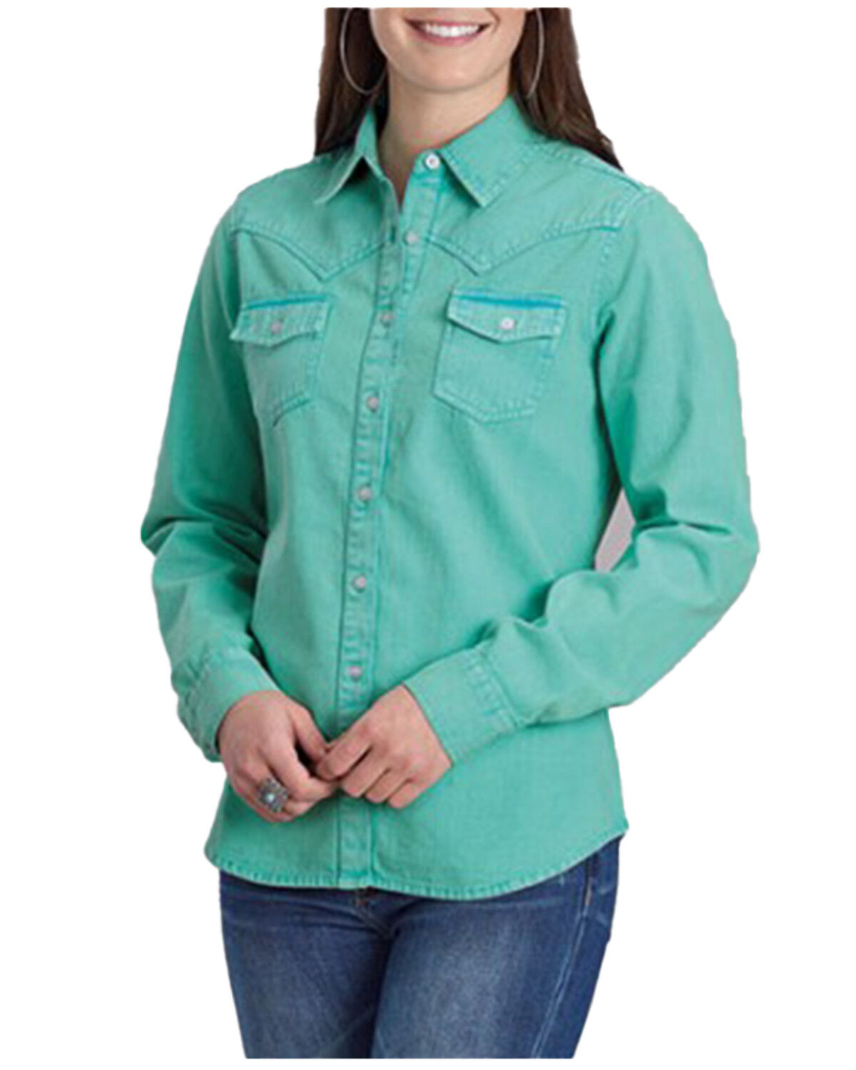 Image #1 - Roper Women's Denim Long Sleeve Button-Down Western Shirt, Turquoise, hi-res