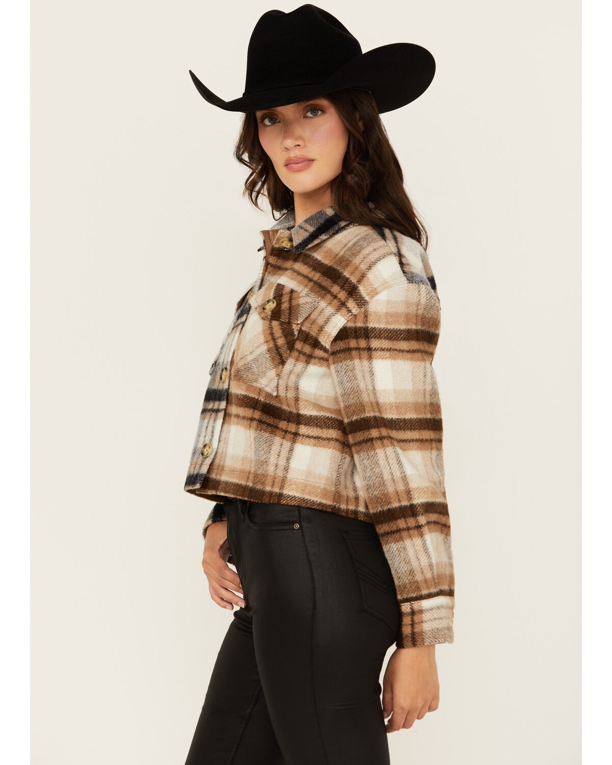 Image #2 - Cleo + Wolf Women's Clara Color Block Plaid Print Button-Down Shacket, Caramel, hi-res
