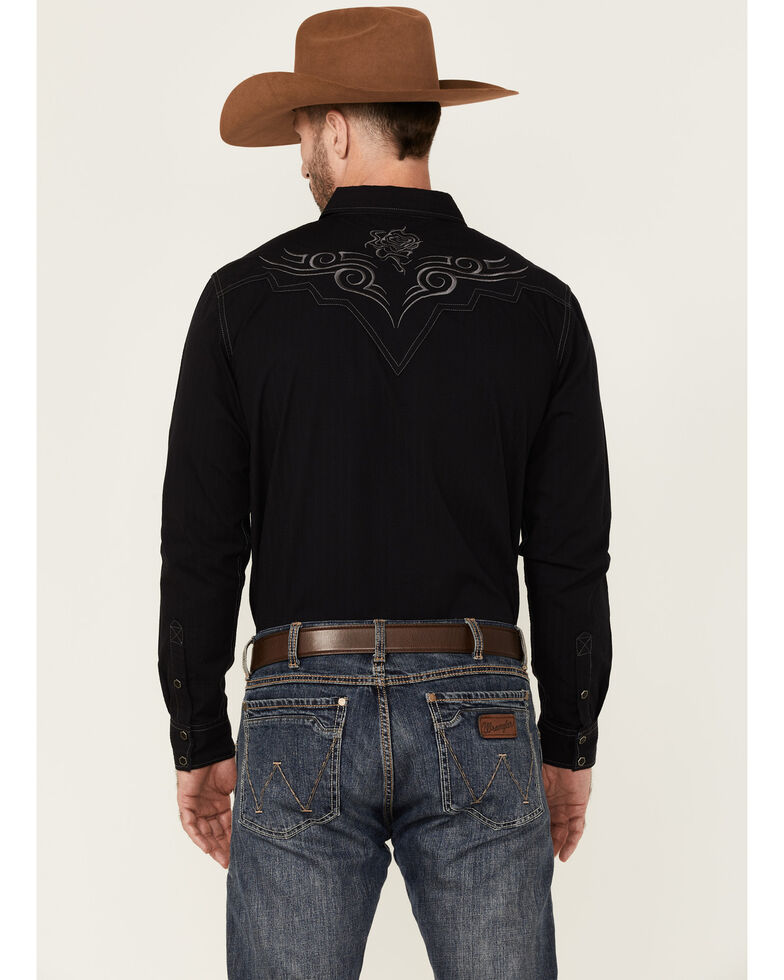 Moonshine Spriit Men's Huck Dobby Stripe Embroidered Long Sleeve Snap Western Shirt , Black, hi-res