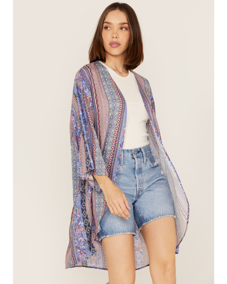 Cotton & Rye Women's Floral Border Print Kimono, Blue, hi-res