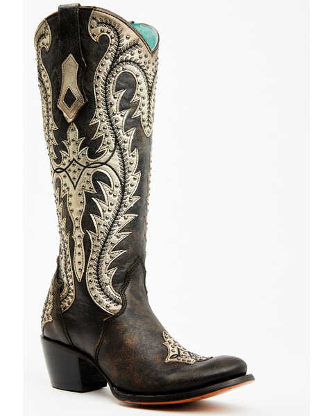 Image #1 - Corral Women's Studded Overlay Western Boots - Round Toe, Black, hi-res