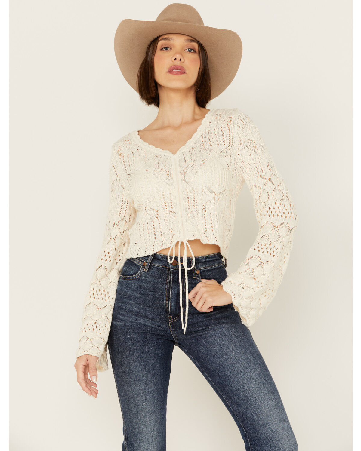 Image #1 - Shyanne Women's Bell Sleeve Cropped Crochet Sweater, Cream, hi-res