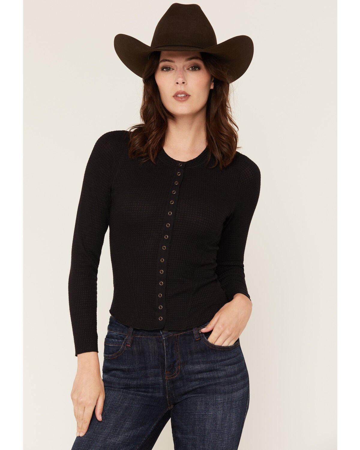 Idyllwind Women's Norwood Solid Long Sleeve Snap Thermal Shirt, Black, hi-res