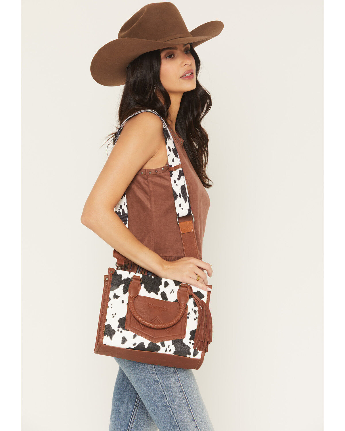 Image #1 - Wrangler Women's Boot Barn Exclusive Daisy Cow Print Tote with Tassel, Brown, hi-res