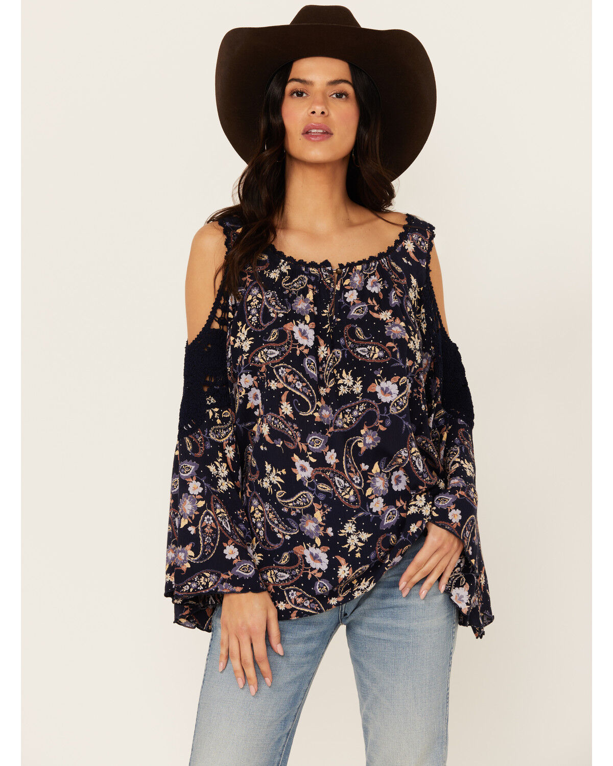 Image #1 - Bila Women's Floral Print Long Sleeve Cold Shoulder Shirt, Blue, hi-res