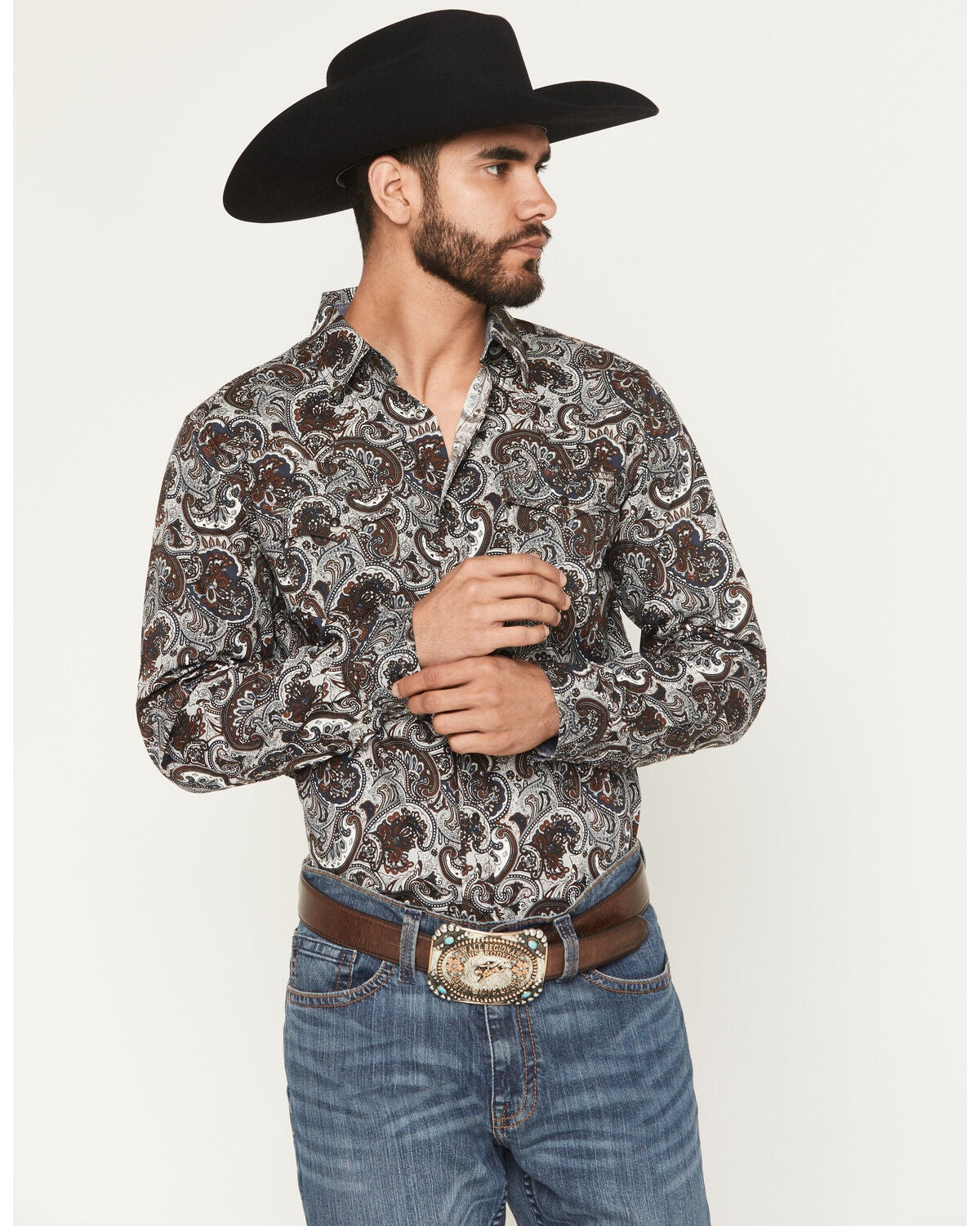 Cody James Men's Colorado Ridge Paisley Print Long Sleeve Snap Western Shirt - Big, Brown, hi-res