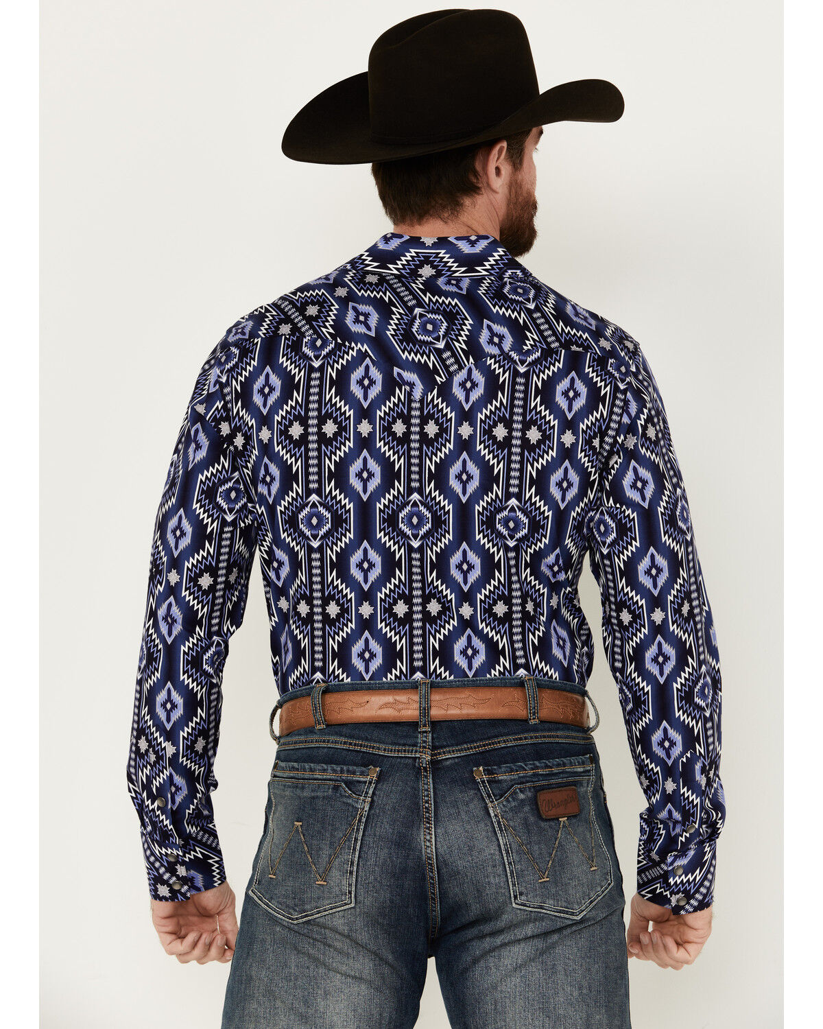 Image #4 - Rock & Roll Denim Men's Southwestern Print Long Sleeve Pearl Snap Stretch Western Shirt, Dark Blue, hi-res