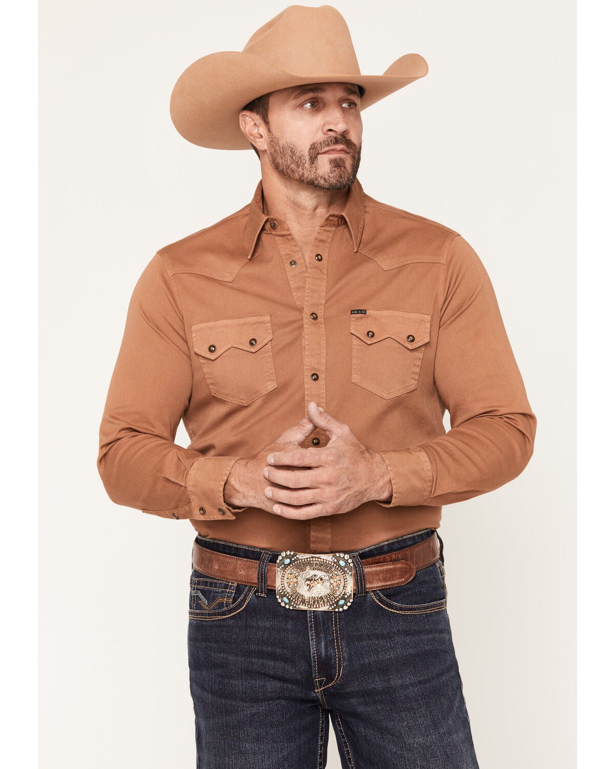 Rock & Roll Denim X Koe Wetzel Men's Washed Denim Long Sleeve Snap Western Shirt, Camel, hi-res
