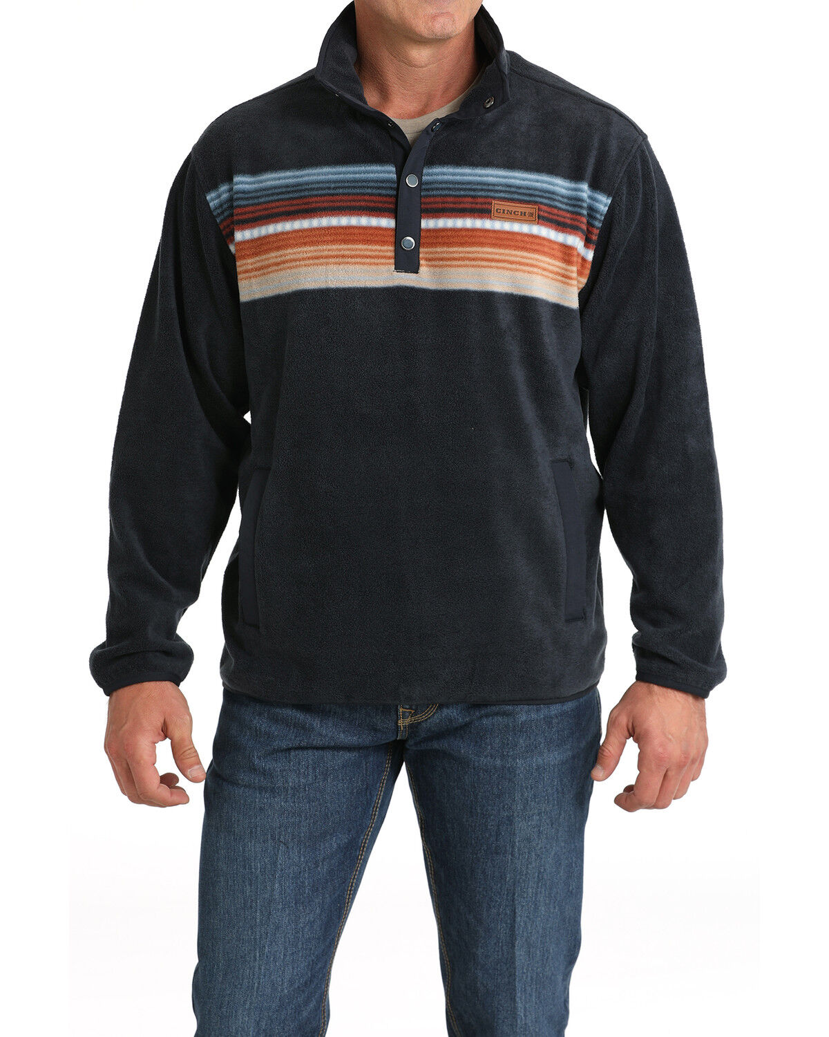 Image #1 - Cinch Men's Striped Print Quarter Snap Long Sleeve Pullover, Navy, hi-res