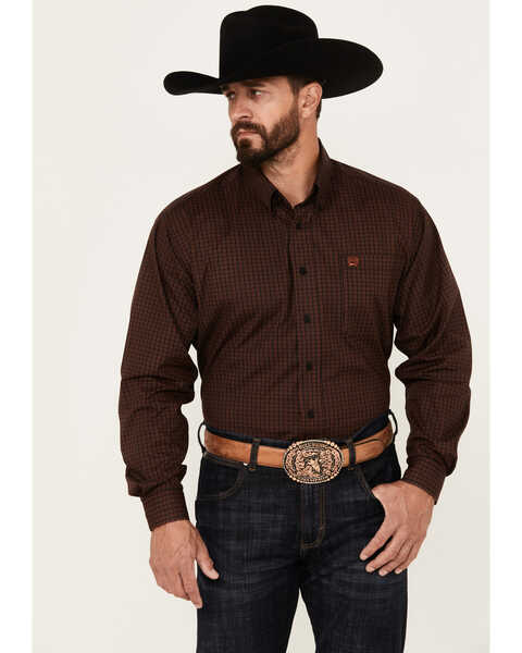 Image #1 - Cinch Men's Geo Print Long Sleeve Button-Down Stretch Western Shirt, Black/brown, hi-res