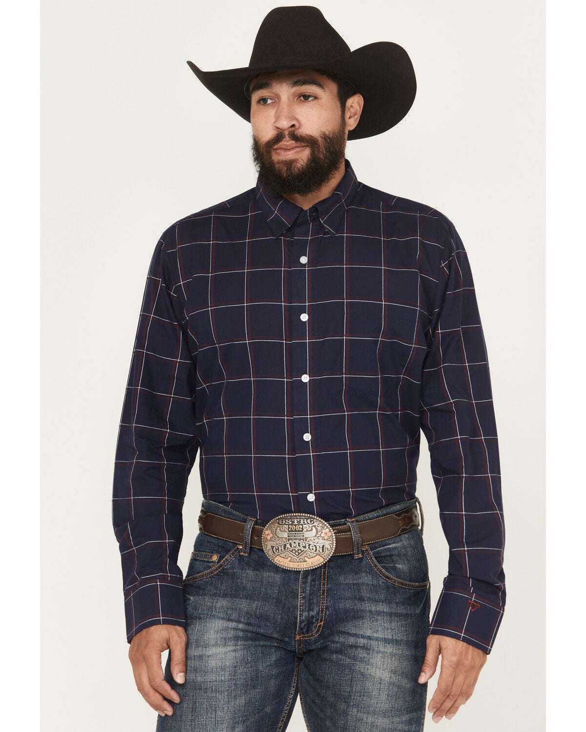 Image #1 - Wrangler X Cody Johnson Men's Plaid Print Long Sleeve Button-Down Western Shirt, Navy, hi-res