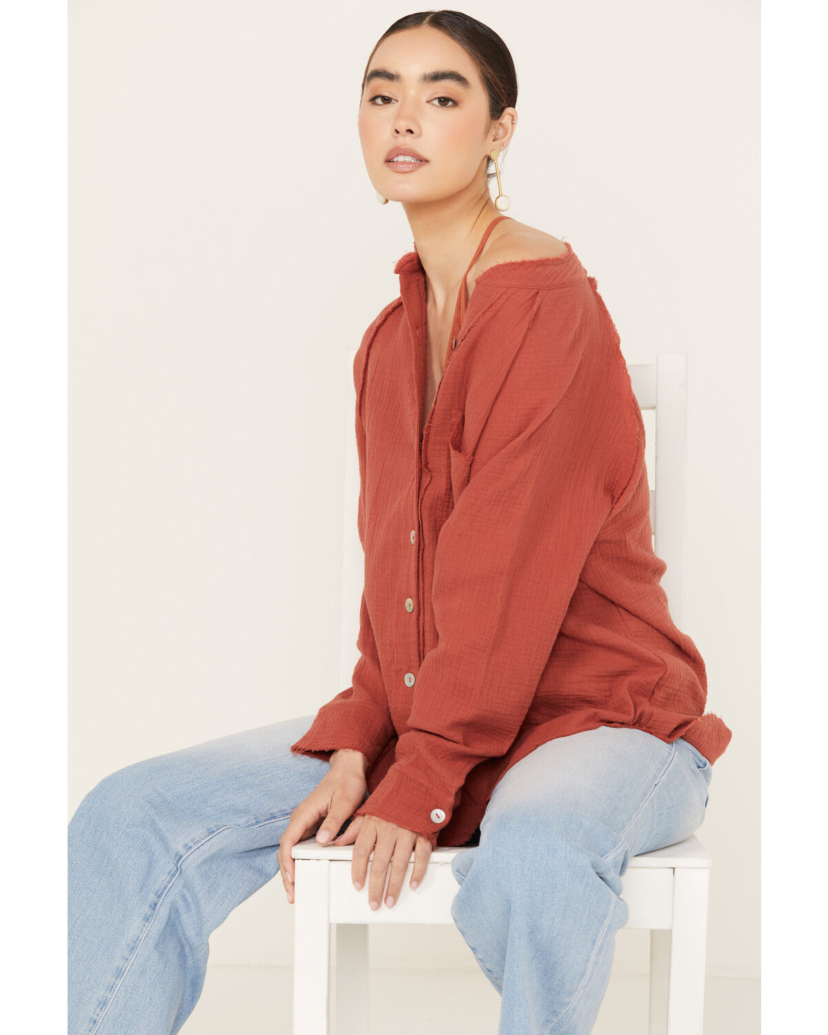 Image #1 - Wild Moss Women's Gauze Long Sleeve Button Down Shirt, Rust Copper, hi-res