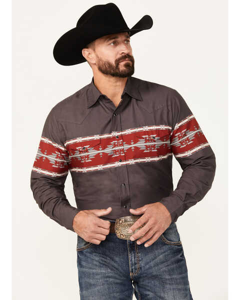 Image #1 - Roper Men's Vintage Southwestern Print Long Sleeve Snap Western Shirt , Dark Grey, hi-res