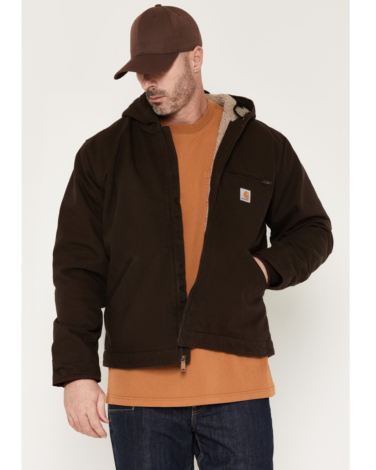 Image #1 - Carhartt Men's Washed Duck Sherpa Lined Hooded Work Jacket - Big & Tall, Dark Brown, hi-res