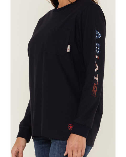 Image #2 - Ariat Women's FR USA Stretch Logo Long Sleeve Work Pocket T-Shirt , Navy, hi-res